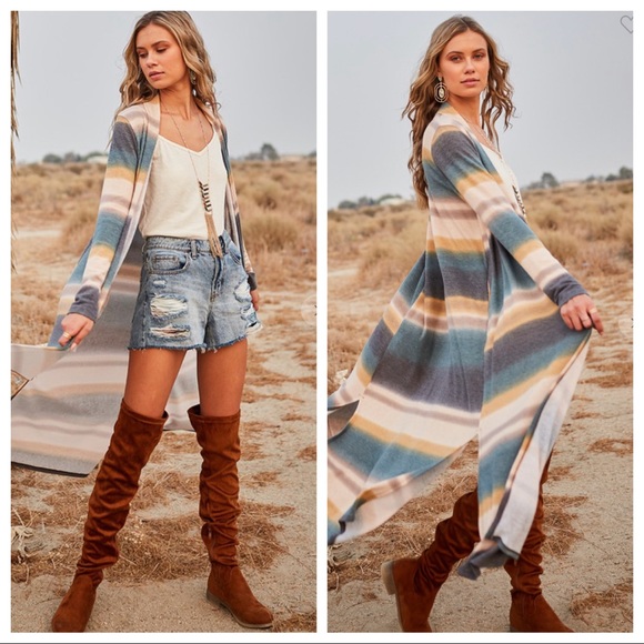 37 Boho Chic Ombré Striped Long Open Cardigan - Picture 2 of 4